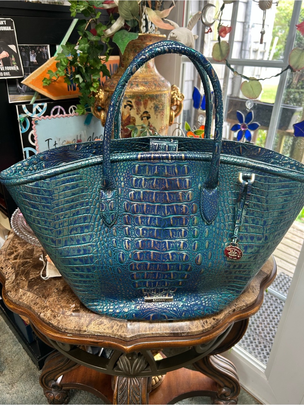 Brahmin Blue Iridescent Croc-Embossed  XL Tote Rare and  Beautiful!